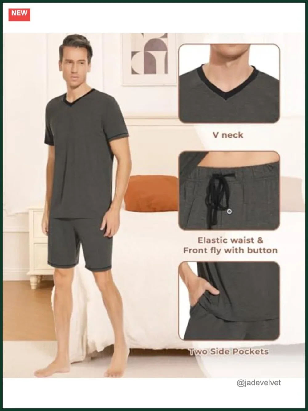 Men's Viscose Bamboo Pajama Set Short Sleeve V Neck Sleepwear Loungewear